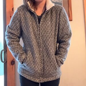 Vintage LL Bean Women Full Zip Sweater Jacket Sherpa Lined Cinch Waist Birds Eye